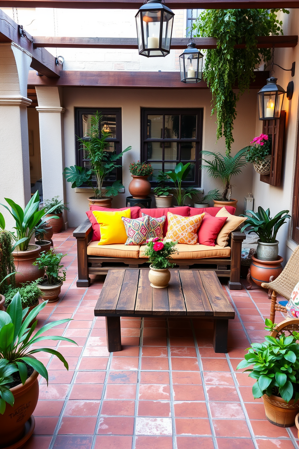 A charming outdoor patio featuring comfortable seating arrangements. Plush cushions in vibrant colors adorn a rustic wooden sofa, surrounded by potted plants and hanging lanterns. The flooring consists of terracotta tiles, enhancing the Mediterranean aesthetic. A low coffee table made of reclaimed wood sits at the center, inviting relaxation and conversation.