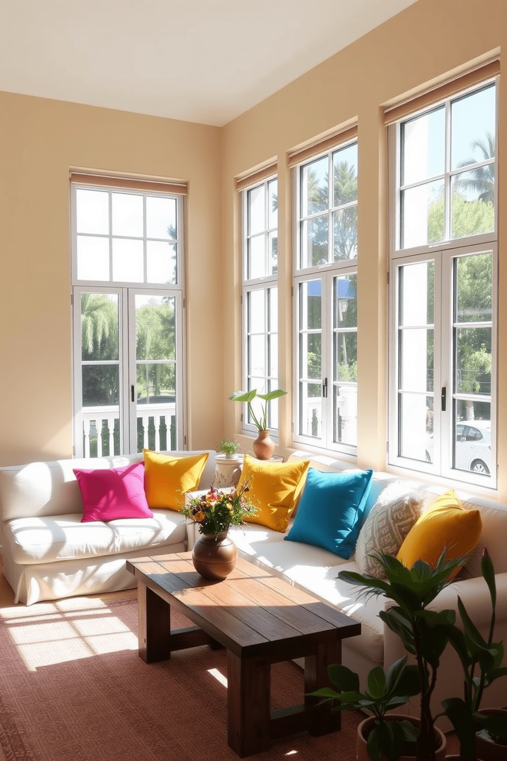 A sun-drenched living room featuring large windows that allow natural light to flood the space. Bright accent pillows in vibrant colors are scattered across a comfortable white sofa, complemented by a rustic wooden coffee table. The walls are painted in a soft beige tone, creating a warm backdrop for the colorful decor. Potted plants in terracotta pots add a touch of greenery, enhancing the Mediterranean vibe of the apartment.