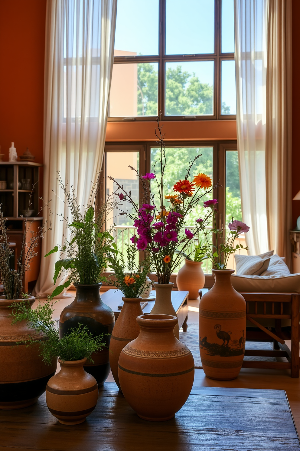 A Mediterranean apartment features an open living space adorned with earthy pottery and vases that showcase rich textures and warm tones. The walls are painted in soft terracotta, and natural light floods the room through large windows framed with sheer linen curtains. The decor includes various sizes of handcrafted vases filled with fresh herbs and vibrant flowers, adding a touch of nature to the interior. Rustic wooden furniture complements the earthy elements, creating a cozy and inviting atmosphere perfect for relaxation and social gatherings.