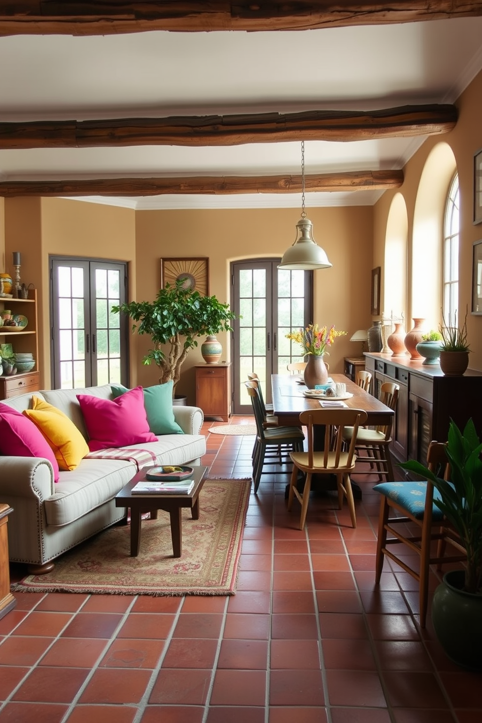 A cozy living room featuring neutral upholstery on a plush sofa complemented by a variety of colorful throw pillows in vibrant hues. The space is adorned with terracotta tiles, rustic wooden beams, and large windows that invite natural light, creating a warm and inviting atmosphere. A dining area with a wooden table surrounded by mismatched chairs, each upholstered in different colorful fabrics. The walls are painted in soft earth tones, and decorative pottery and plants add a touch of Mediterranean charm to the overall design.