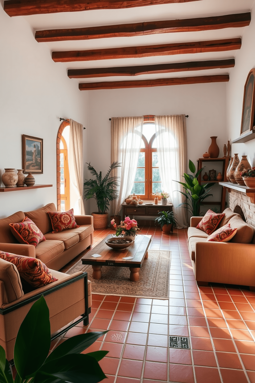 A warm and inviting living space featuring terracotta tile flooring that enhances the Mediterranean aesthetic. The walls are adorned with soft white stucco, complemented by wooden beams across the ceiling for a rustic touch. The room includes a large, plush sofa in earthy tones, accented with vibrant throw pillows showcasing traditional patterns. A wooden coffee table sits at the center, surrounded by potted plants that bring a touch of greenery indoors. Natural light floods the space through arched windows, framed with sheer linen curtains that flutter gently in the breeze. Decorative ceramic vases and handmade pottery adorn the shelves, adding character and a sense of authenticity to the design.