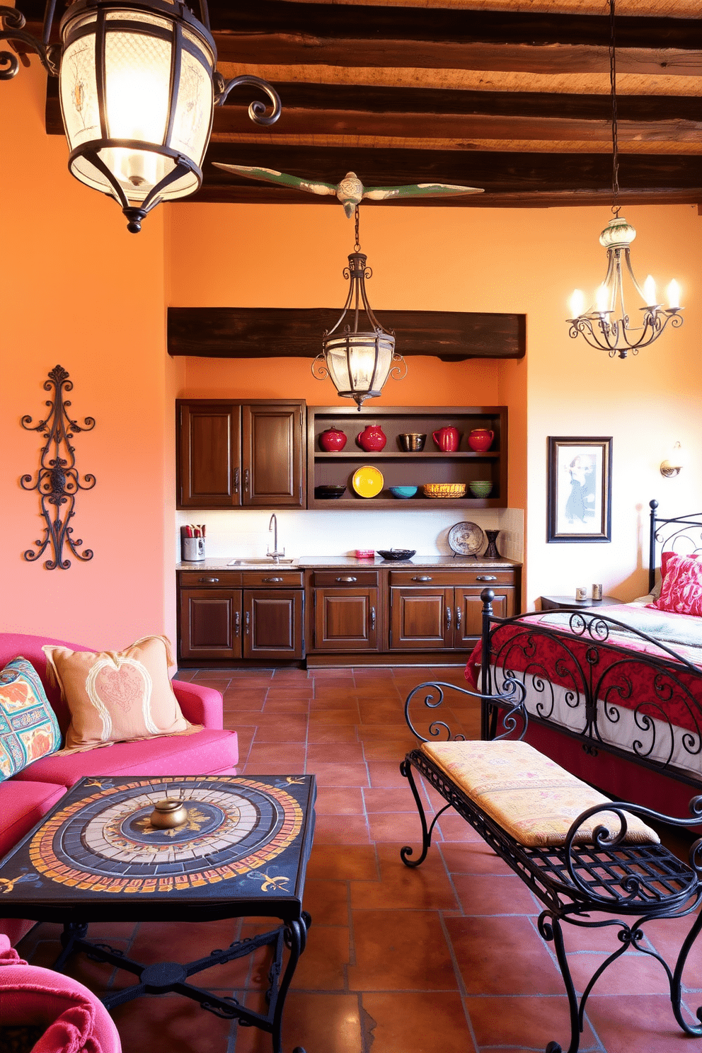 A charming Mediterranean apartment featuring wrought iron accents and fixtures. The living room showcases intricate wrought iron light fixtures that add elegance to the space. The walls are painted in warm earth tones, complemented by terracotta tiles on the floor. A wrought iron coffee table with a mosaic top sits at the center, surrounded by plush, colorful seating. In the kitchen, wrought iron cabinet handles and a decorative wrought iron pot rack enhance the rustic charm. Open shelving displays vibrant ceramics, while a wrought iron chandelier illuminates the area. The bedroom features a wrought iron bed frame adorned with soft linens in rich, warm colors. A wrought iron bench at the foot of the bed adds functionality and style to the space.