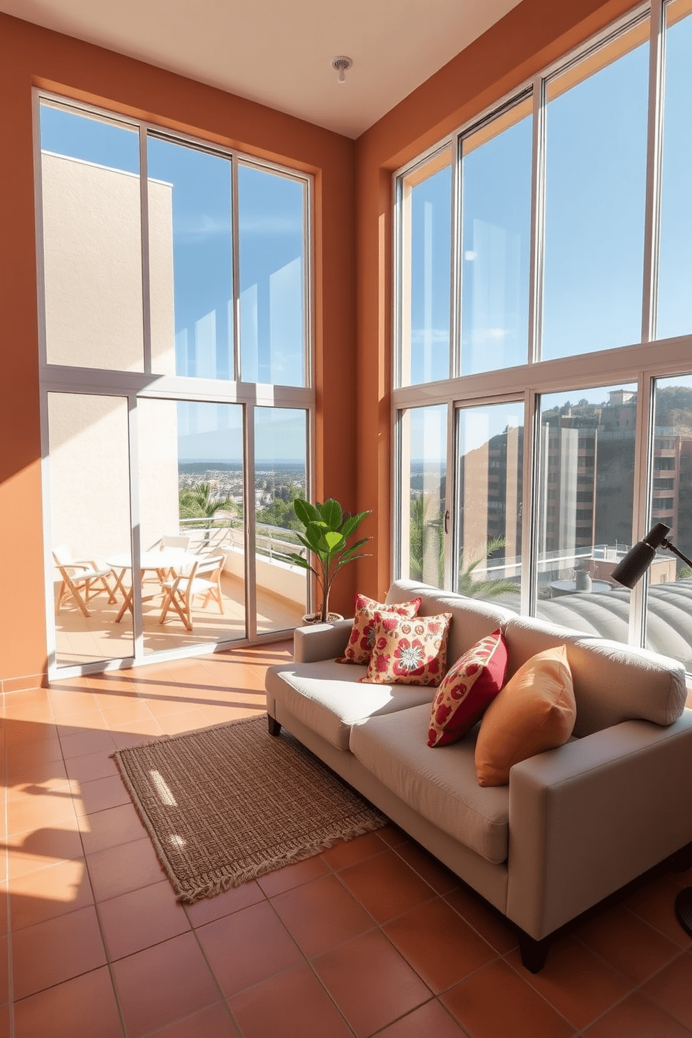 A bright Mediterranean apartment filled with natural light. The large windows frame stunning views and allow sunlight to flood the open living space. The walls are painted in warm earthy tones, complemented by terracotta tiles on the floor. A cozy seating area features a plush sofa adorned with colorful cushions, inviting relaxation.