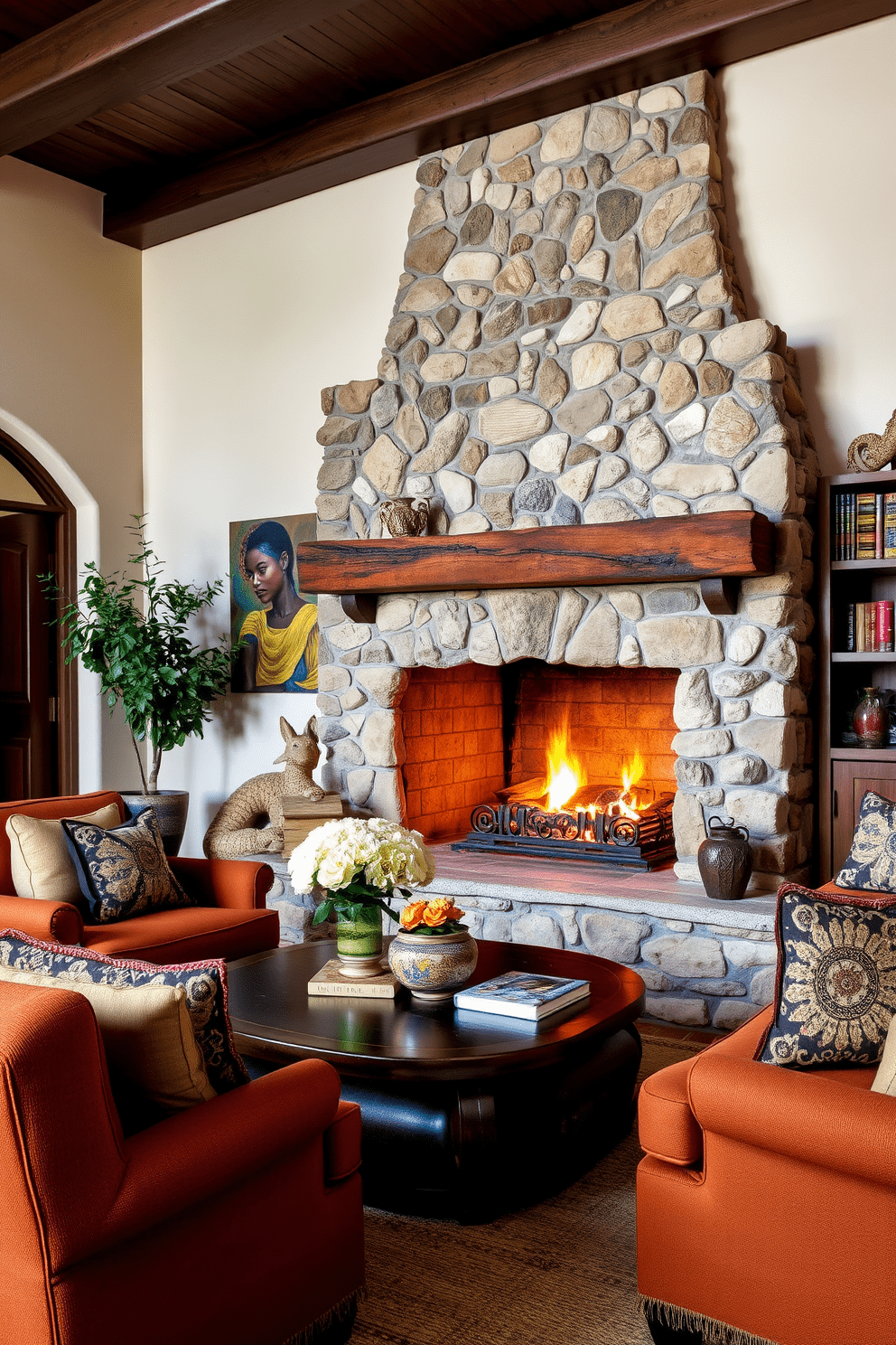 Cozy fireplace with a rustic stone surround creates a warm focal point in the living area. Plush seating in earthy tones complements the vibrant textiles and decorative accents typical of Mediterranean design.