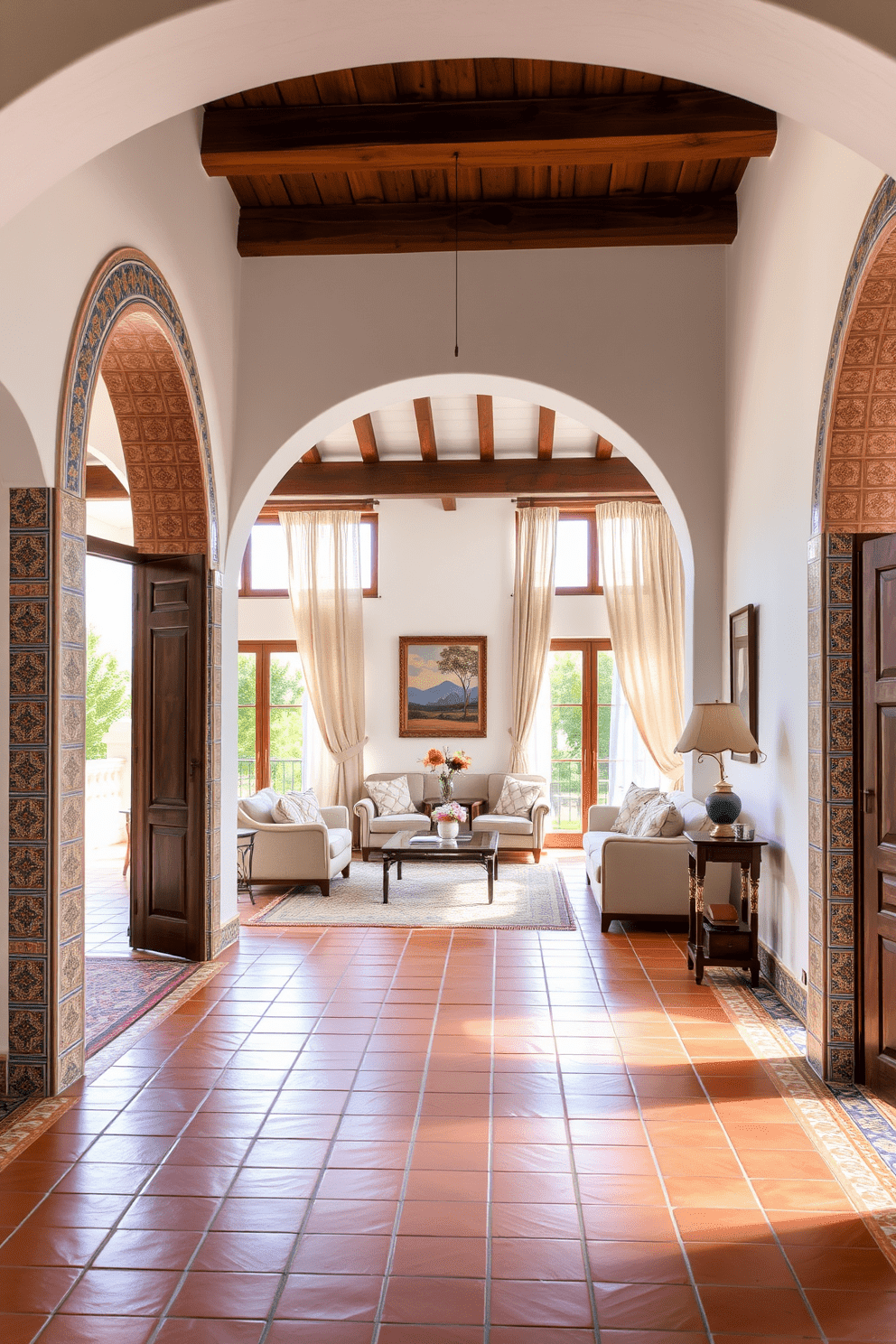 A stunning Mediterranean apartment featuring elegant archways that gracefully connect the living spaces. The doorways are adorned with intricate tile work, showcasing vibrant colors and patterns that reflect the rich cultural heritage of the Mediterranean. The living area boasts terracotta tiles underfoot, complemented by whitewashed walls and wooden beams overhead. Large windows draped with flowing linen curtains allow natural light to flood the room, enhancing the warm and inviting atmosphere.