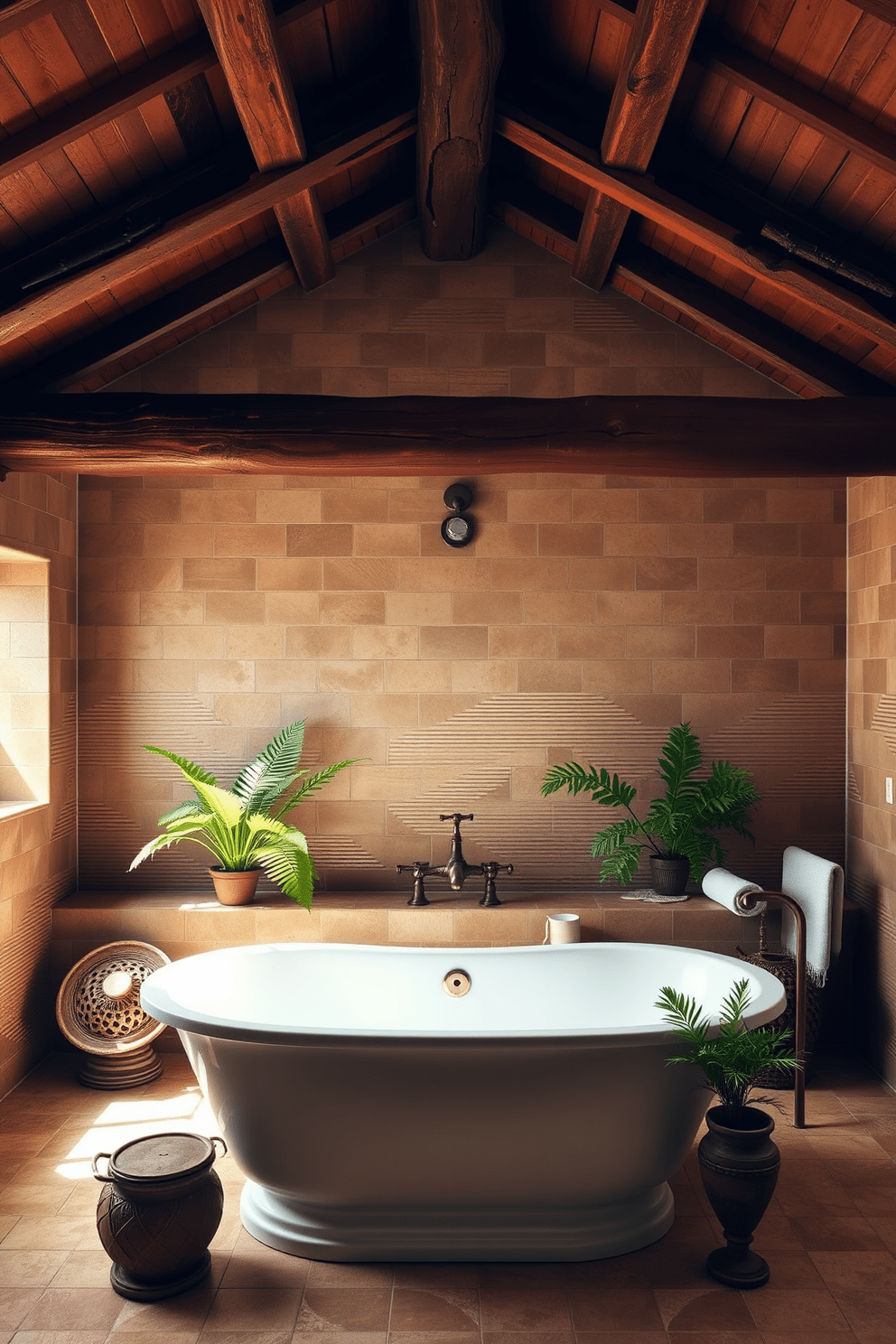 Rustic wooden beams stretch across the ceiling, adding warmth and character to the space. The walls are adorned with textured tiles in earthy tones, creating a cozy and inviting atmosphere. A freestanding soaking tub sits elegantly in the center, surrounded by potted plants and soft, natural light. Vintage-style fixtures in bronze complement the overall Mediterranean aesthetic, enhancing the charm of the bathroom.