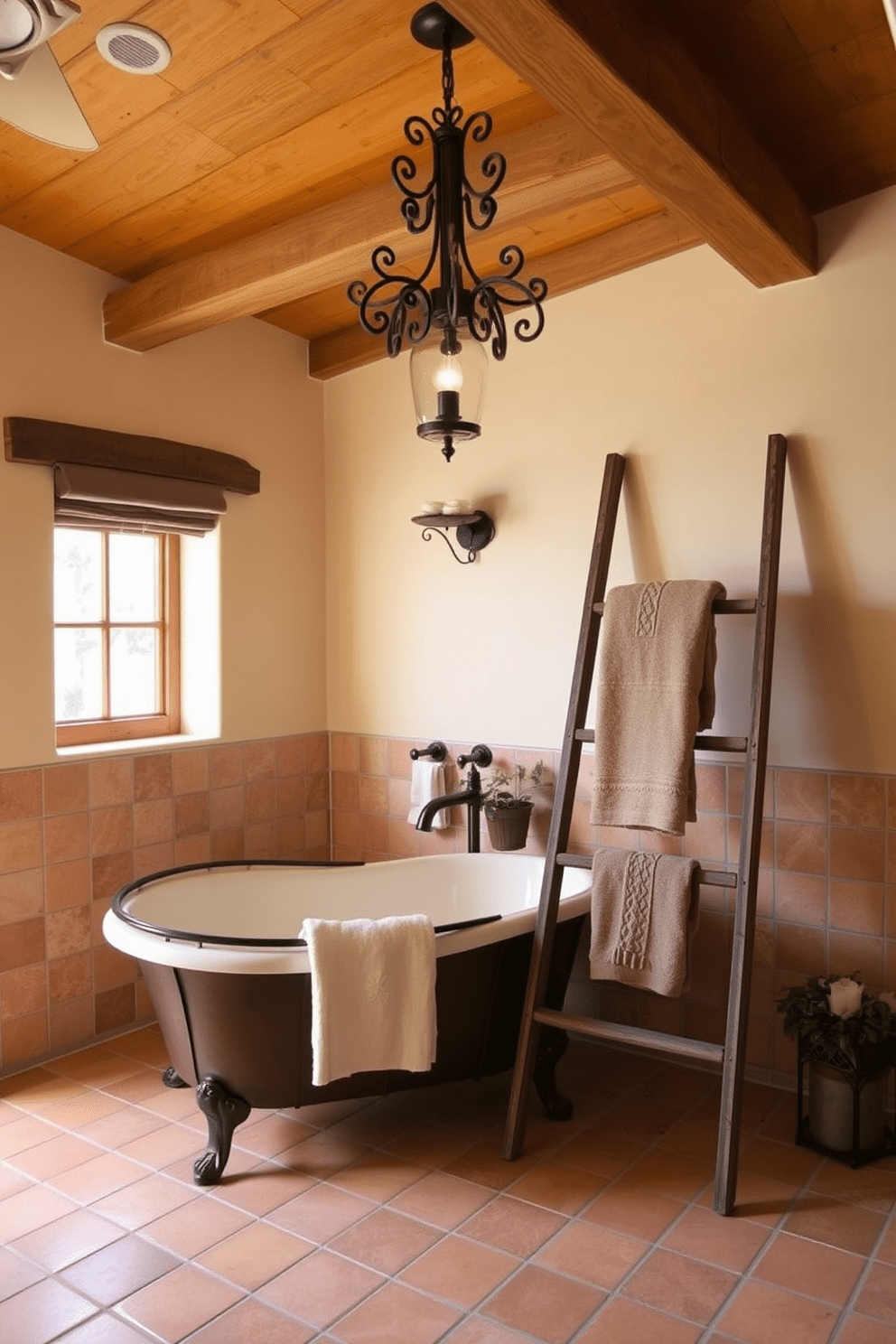 A Mediterranean bathroom adorned with wrought iron fixtures exudes rustic elegance. The space features a deep soaking tub with a wrought iron frame, surrounded by terracotta tiles and warm earthy tones. Above the tub, a wrought iron light fixture casts a soft glow, complementing the natural wood beams on the ceiling. Decorative elements include a vintage wooden ladder holding plush towels and potted plants that bring a touch of greenery to the serene atmosphere.