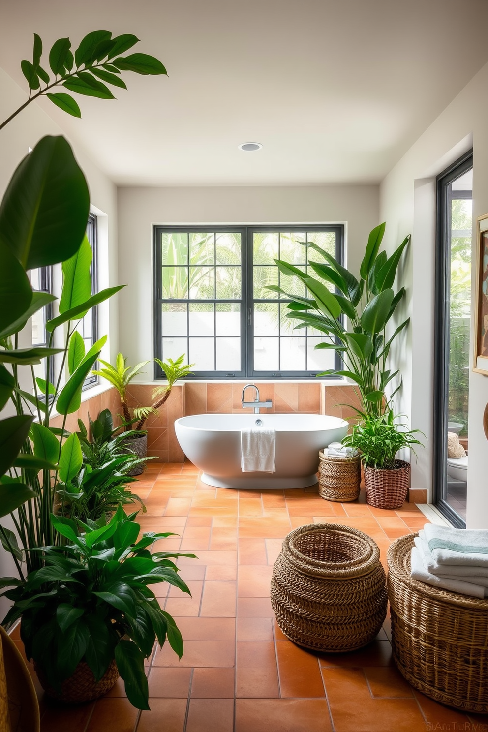 A Mediterranean bathroom filled with lush greenery creates a refreshing oasis. The space features terracotta tiles, a freestanding soaking tub, and large windows that invite natural light. Vibrant plants are strategically placed around the room, enhancing the serene atmosphere. Soft, neutral colors on the walls complement the rich textures of wooden accents and woven baskets.