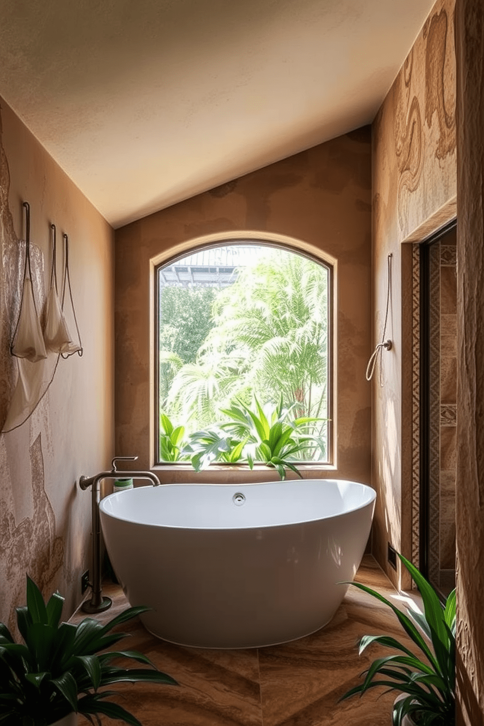 Textured wall finishes create a rich visual depth in a Mediterranean bathroom. The walls are adorned with a mix of stucco and mosaic tiles, showcasing warm earth tones that evoke a serene atmosphere. The bathroom features a freestanding soaking tub surrounded by lush greenery. Natural light floods the space through a large window, highlighting the intricate details of the handcrafted tile work.