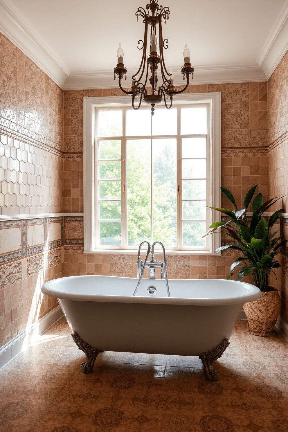 Classic clawfoot bathtub for timeless style. The walls are adorned with intricate tile work in soft earthy tones, complemented by a vintage chandelier overhead. A spacious window allows natural light to flood the room, highlighting the elegant fixtures. Potted plants in the corners add a touch of freshness to the serene atmosphere.