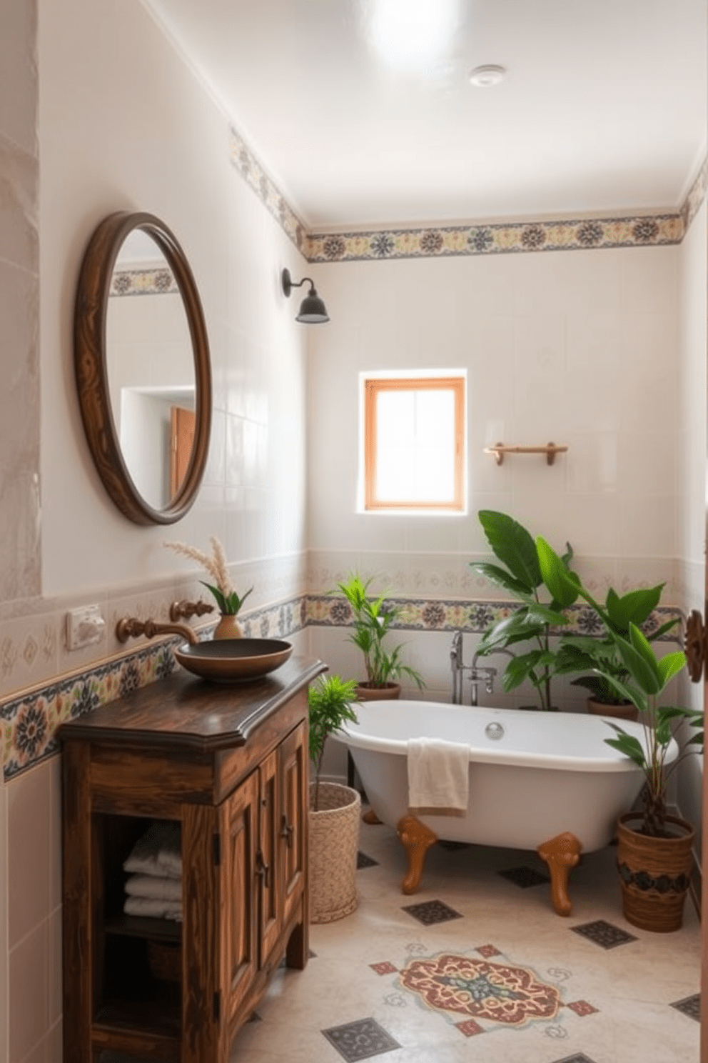 A Mediterranean bathroom setting featuring hand-painted tiles that add unique accents throughout the space. The walls are adorned with vibrant, colorful tiles, and a rustic wooden vanity stands against one wall, topped with a large round mirror. Natural light floods the room through a small window, highlighting the intricate tile patterns. A freestanding bathtub sits elegantly in the corner, surrounded by potted plants that enhance the serene atmosphere.