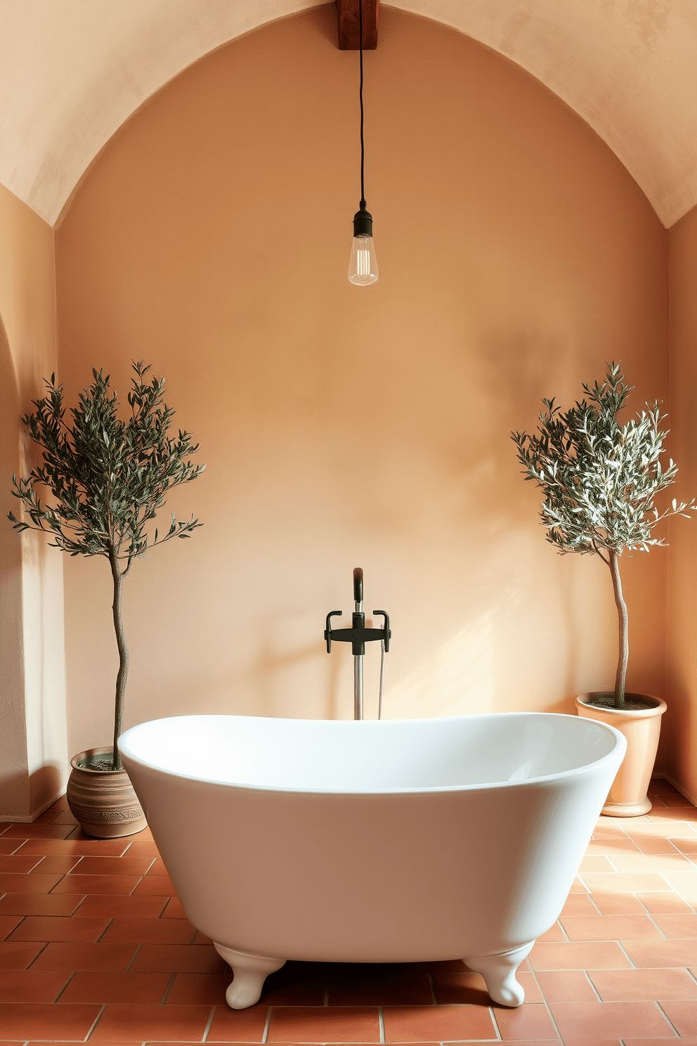 A serene Mediterranean bathroom featuring subtle earth tones. The walls are adorned with textured plaster in warm beige, complemented by terracotta tiles on the floor. A freestanding soaking tub sits at the center, surrounded by potted olive trees. Above the tub, a rustic wooden beam supports delicate pendant lighting, adding warmth to the space.