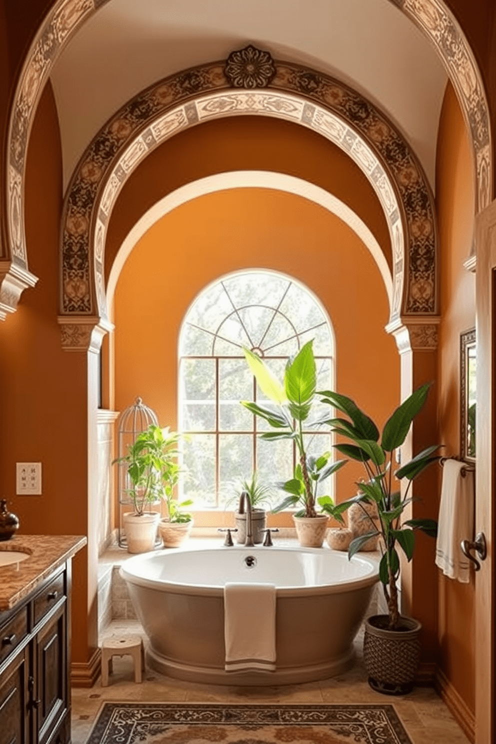 A Mediterranean bathroom featuring decorative arches that add visual interest and elegance. The arches are adorned with intricate tile work, creating a stunning focal point in the space. The walls are painted in warm, earthy tones, complemented by a rustic wooden vanity. A large soaking tub sits beneath an archway, surrounded by potted plants that enhance the tranquil atmosphere.