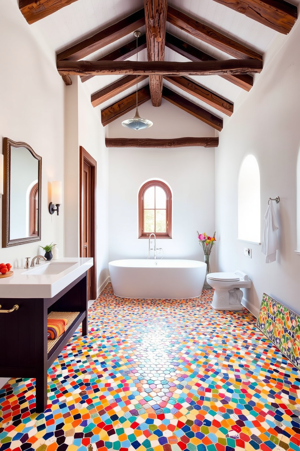 A vibrant Mediterranean bathroom featuring colorful mosaic tiles that create an eye-catching floor design. The walls are adorned with soft white plaster and accented with rustic wooden beams overhead.