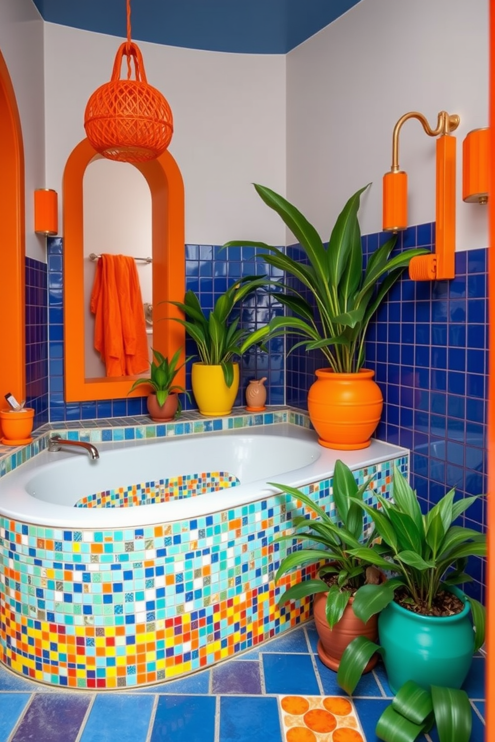 A vibrant Mediterranean bathroom featuring bold color accents. The walls are adorned with deep blue tiles, complemented by bright orange and yellow accessories throughout the space. A large soaking tub is surrounded by colorful mosaic tiles, creating a striking focal point. Lush greenery in decorative pots enhances the lively atmosphere, bringing a touch of nature indoors.