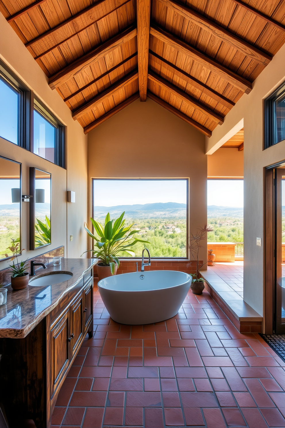 A spacious Mediterranean bathroom featuring an open layout that enhances the feeling of airiness. The design includes large windows allowing natural light to flood the room, complemented by terracotta tiles and warm earth tones. The centerpiece is a freestanding soaking tub with a stunning view, surrounded by potted plants for a touch of nature. A rustic wooden vanity with a stone countertop and double sinks adds both functionality and charm to the space.