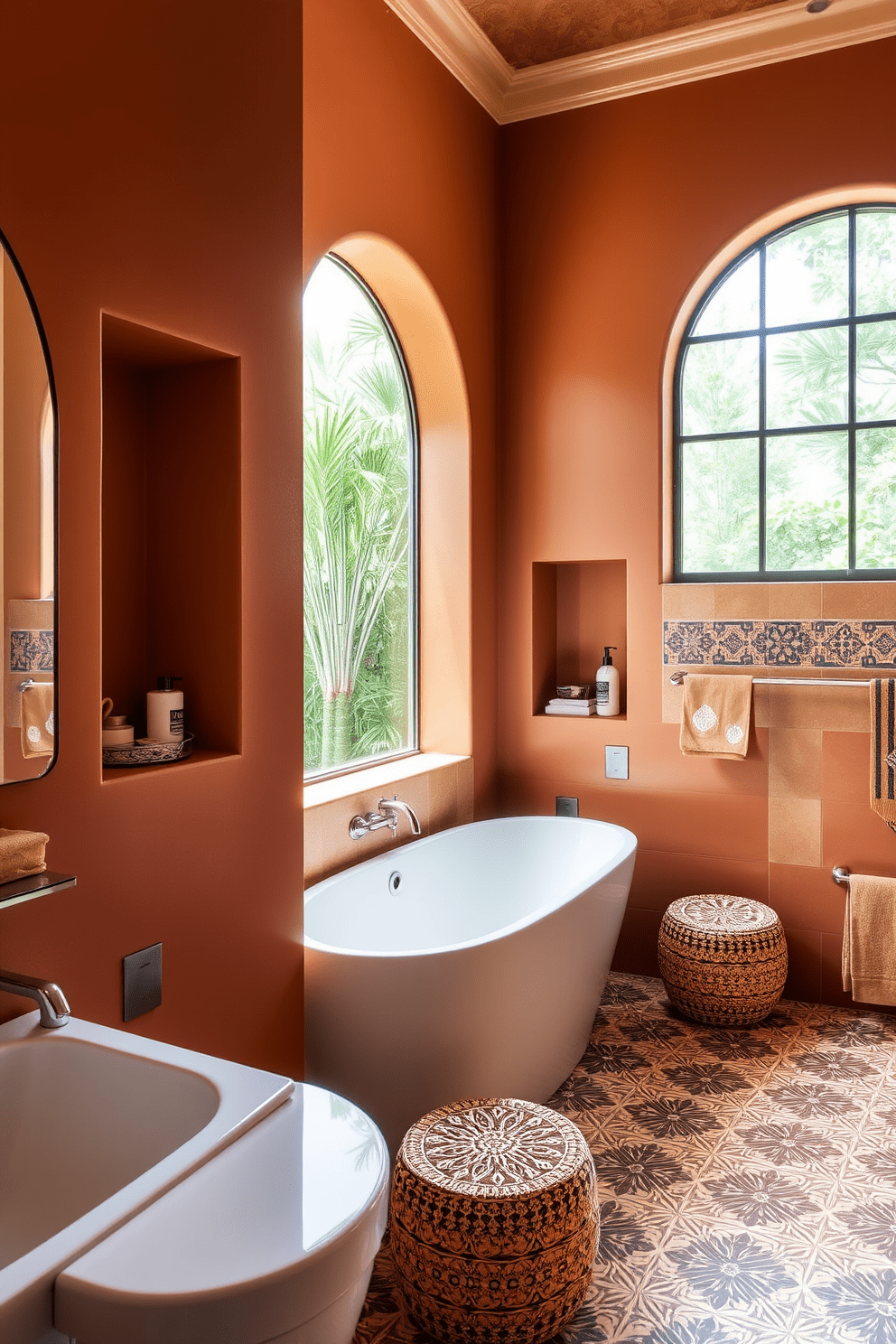 A Mediterranean bathroom design featuring integrated niches that seamlessly blend with the wall. The niches are adorned with elegant toiletries and decorative items, enhancing the overall aesthetic and functionality of the space. The walls are finished in warm terracotta tones, complemented by intricate tilework that showcases traditional Mediterranean patterns. Natural light floods the room through a large window, highlighting the rich textures and colors of the design.