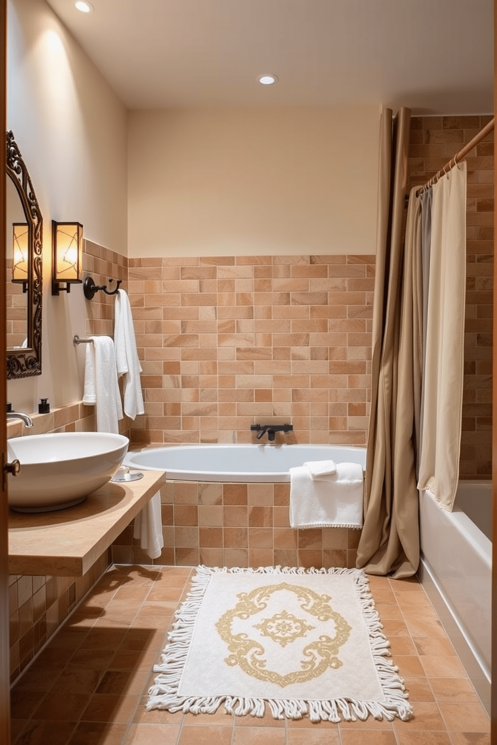 A Mediterranean bathroom design features soft textiles that enhance comfort and warmth throughout the space. Plush towels, a cozy bath mat, and elegant drapery create an inviting atmosphere while complementing the vibrant tiles and earthy tones typical of Mediterranean aesthetics.