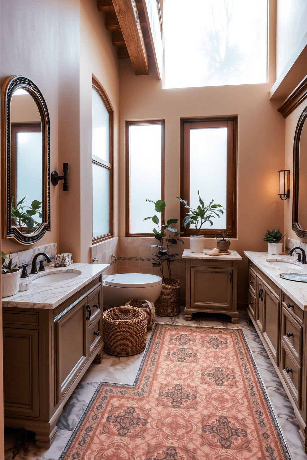 Elegant vanities with marble tops create a luxurious atmosphere in a Mediterranean bathroom. The space features intricate tile work on the floors and soft, natural light filtering through frosted glass windows. Warm earthy tones dominate the color palette, complemented by decorative elements such as woven baskets and potted plants. Rich wooden accents enhance the overall aesthetic, creating a harmonious blend of comfort and sophistication.