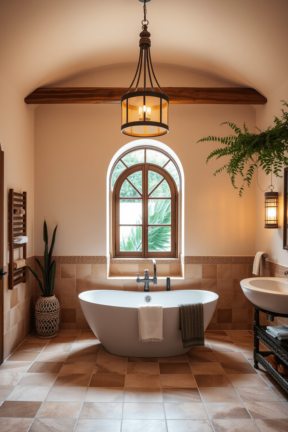 A stunning Mediterranean bathroom features stylish pendant lighting that serves as a focal point above the freestanding tub. The warm glow of the lights complements the terracotta tiles and intricate mosaic patterns throughout the space. The walls are adorned with soft pastel hues, creating a serene atmosphere. Natural wood accents and lush greenery enhance the overall Mediterranean aesthetic, making the bathroom inviting and relaxing.