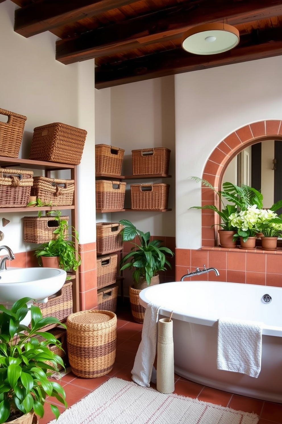 A Mediterranean bathroom featuring rustic baskets for organized storage. The space is adorned with terracotta tiles and a large soaking tub surrounded by plants.