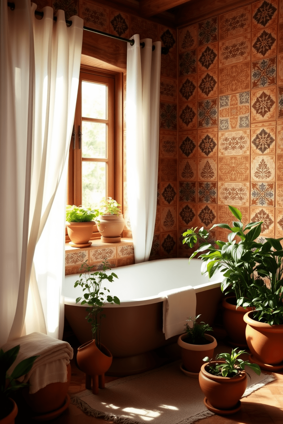 A serene Mediterranean bathroom setting featuring terracotta pots filled with lush greenery. The walls are adorned with intricate tile patterns in warm earth tones, creating a cozy and inviting atmosphere. Natural light streams through a window framed with sheer white curtains, illuminating the terracotta pots placed on the windowsill. A freestanding bathtub sits elegantly in the corner, surrounded by potted plants and soft, textured linens.