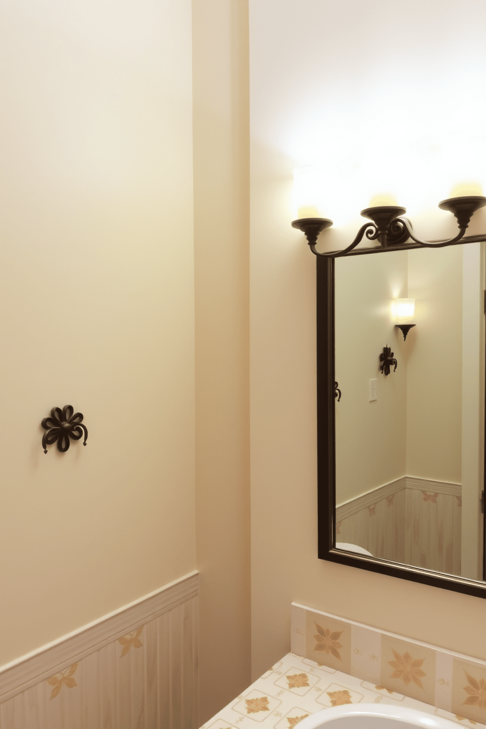 A Mediterranean bathroom design featuring decorative wall sconces that provide soft ambient lighting. The sconces are elegantly designed with intricate patterns and warm tones, enhancing the overall aesthetic of the room.