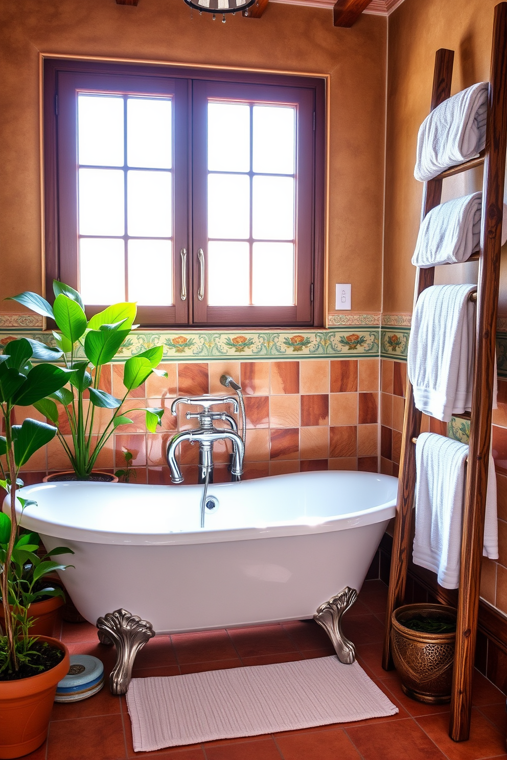 A freestanding soaking tub with vintage charm sits elegantly in the center of a sunlit Mediterranean bathroom. The tub features intricate claw feet and is surrounded by potted plants that bring a touch of nature indoors. The walls are adorned with hand-painted ceramic tiles in warm earthy tones, creating a cozy atmosphere. A rustic wooden ladder holds plush towels, adding to the inviting feel of the space.