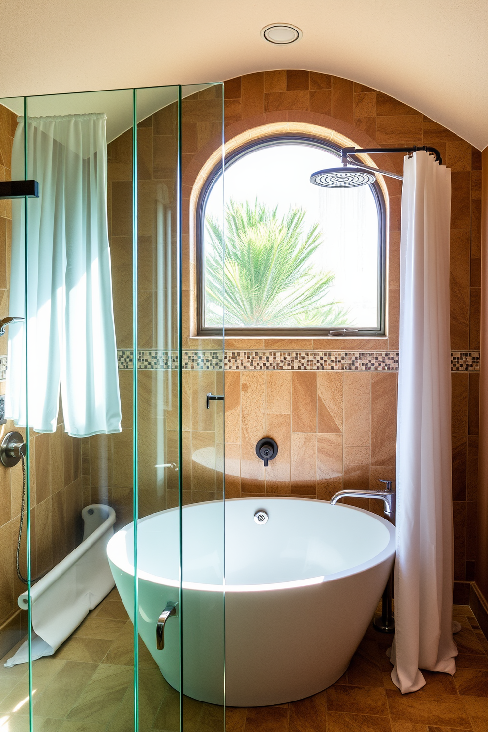 A unique shower design features a spacious glass enclosure that allows natural light to flood the space. The walls are adorned with intricate mosaic tiles in warm earth tones, complemented by a rainfall showerhead for a luxurious experience. The Mediterranean bathroom showcases a blend of rustic charm and modern elegance. A freestanding soaking tub is positioned beneath a large window, framed by sheer white curtains that flutter gently in the breeze.