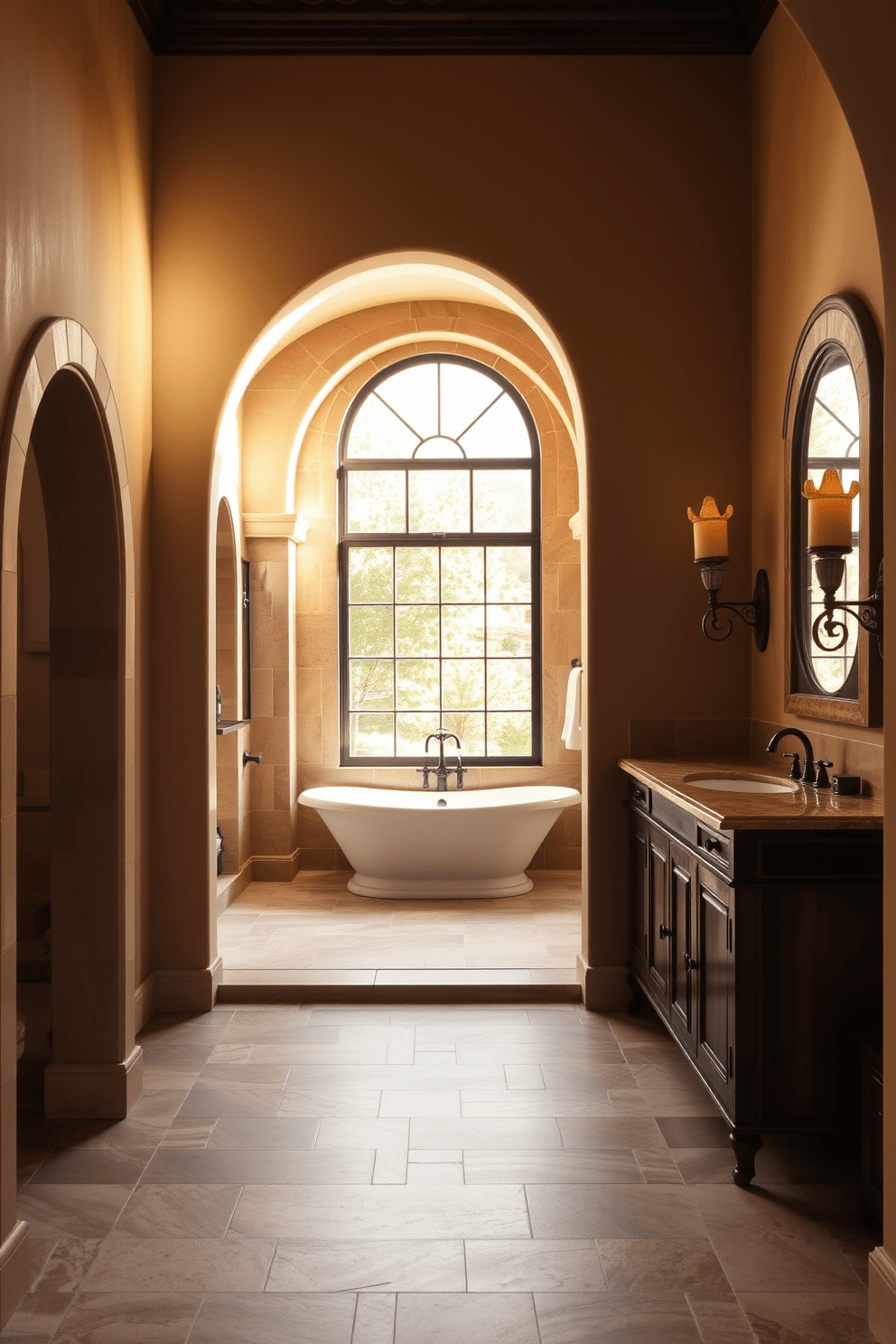 A stunning Mediterranean bathroom featuring arched doorways that create an inviting entryway. The walls are adorned with intricate tile patterns in warm earth tones, complemented by a freestanding soaking tub beneath a large arched window. Natural light floods the space, highlighting the elegant fixtures and rich textures throughout. A rustic wooden vanity with a marble top sits against one wall, flanked by vintage sconces that cast a soft glow.