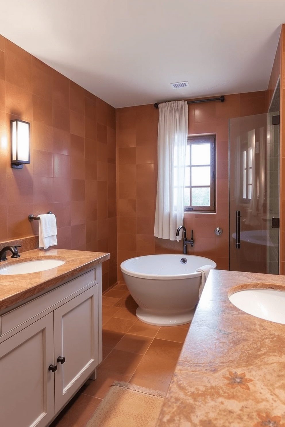 A Mediterranean bathroom featuring natural stone countertops that enhance the earthy appeal of the space. The walls are adorned with warm terracotta tiles, and a freestanding bathtub sits elegantly beneath a window with sheer curtains.