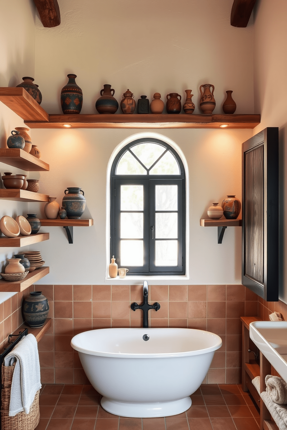 Open shelving adorned with an array of decorative pottery creates a warm and inviting atmosphere in a Mediterranean bathroom. The shelves are crafted from natural wood, complementing the terracotta tiles and white stucco walls that define the space. Soft, ambient lighting highlights the unique shapes and colors of the pottery, adding character to the room. A large, arched window allows natural light to flood in, enhancing the earthy tones and creating a serene retreat.