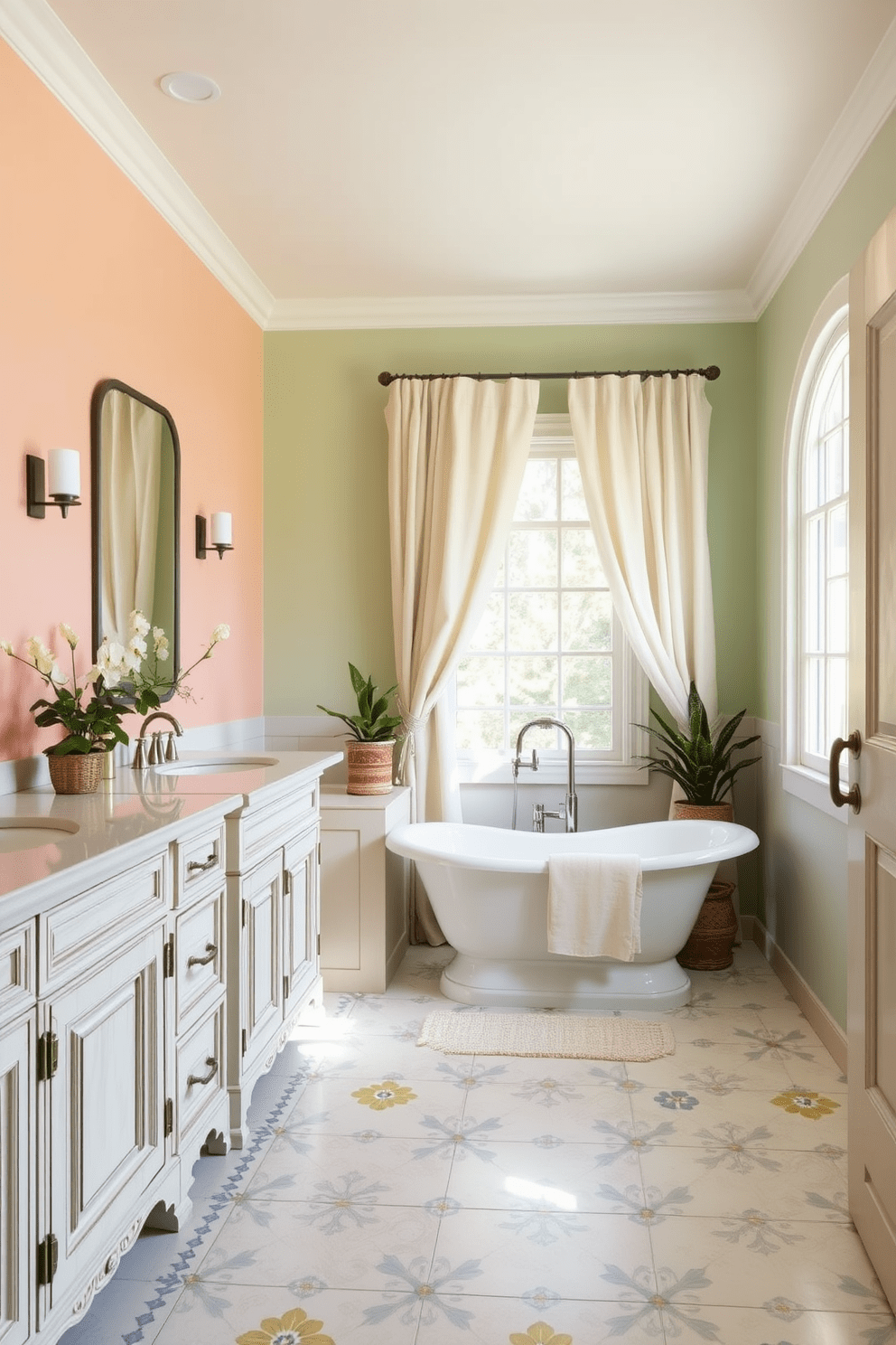 A Mediterranean bathroom design featuring soft pastel colors creates a serene atmosphere. The walls are painted in a light seafoam green, complemented by a soft peach accent wall. The cabinetry is made of distressed white wood with ornate detailing, topped with a smooth light-colored stone countertop. A freestanding soaking tub sits elegantly in the corner, surrounded by potted plants and soft linen drapes. The floor is adorned with hand-painted ceramic tiles in soft blues and yellows, adding a touch of traditional charm. Natural light floods the space through a large window, enhancing the calming pastel palette.