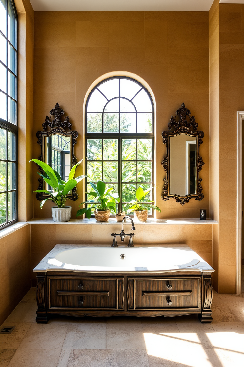 A Mediterranean bathroom design featuring large windows that allow abundant natural light to flood the space. The walls are adorned with textured tiles in warm earth tones, complemented by a freestanding soaking tub positioned beneath the windows. A rustic wooden vanity with a marble countertop holds dual sinks, framed by ornate mirrors with intricate detailing. Lush green plants are placed on the windowsill, adding a touch of nature to the serene atmosphere.