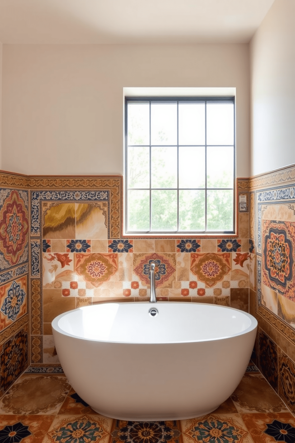 A Mediterranean bathroom featuring intricate tile patterns on the shower walls. The tiles showcase vibrant colors and elaborate designs that evoke a sense of warmth and luxury. The space includes a freestanding soaking tub positioned beneath a large window. Natural light floods the room, highlighting the beautiful textures and colors of the tiles.