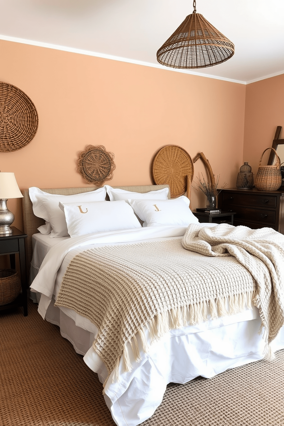 A cozy Mediterranean bedroom features textured throws draped across a plush bed adorned with crisp white linens. The walls are painted in soft earth tones, complemented by woven baskets and rustic wooden accents that enhance the warm and inviting atmosphere.