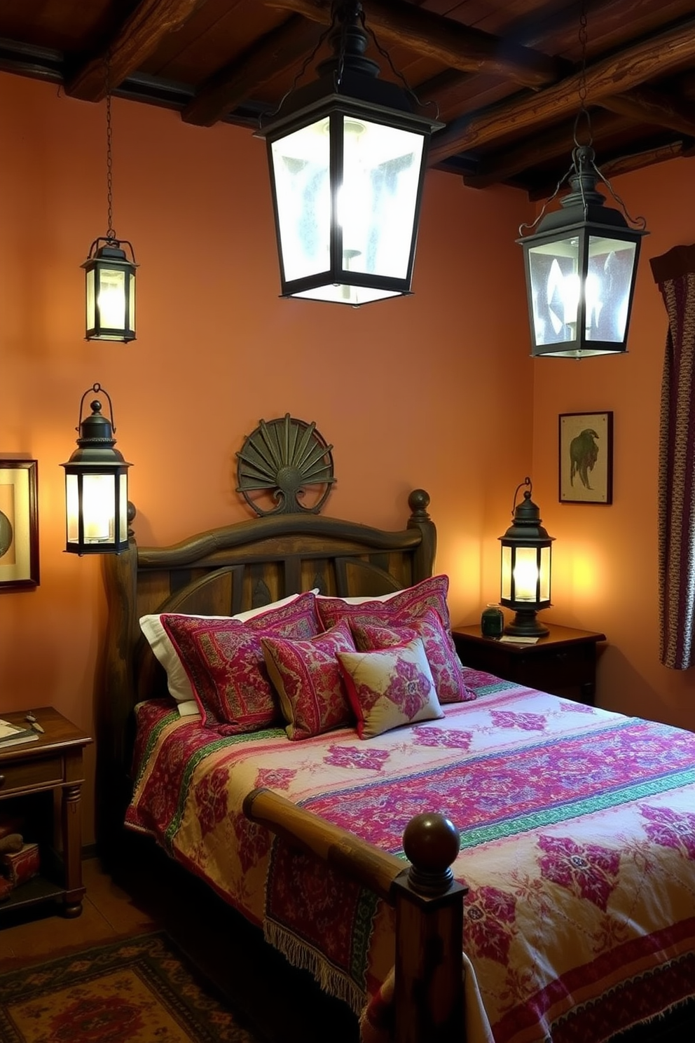 A cozy Mediterranean bedroom featuring vintage lanterns that cast a warm and inviting glow throughout the space. The walls are painted in soft earth tones, complemented by a rustic wooden bed adorned with colorful, patterned textiles.