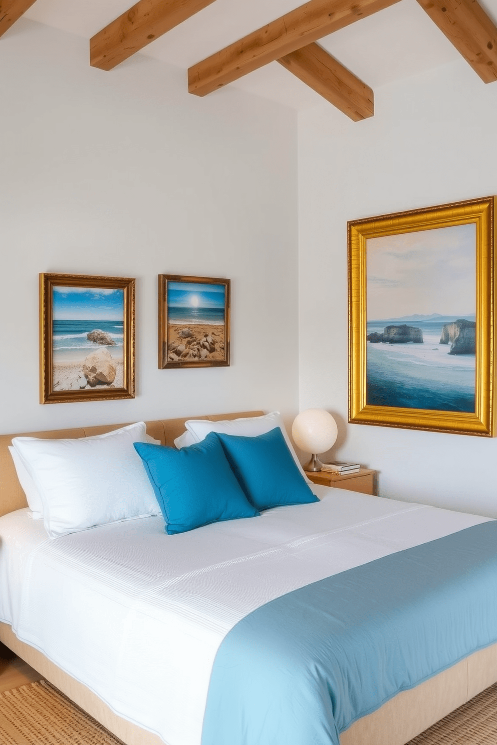 A serene Mediterranean bedroom features sea-inspired artwork adorning the walls, capturing the essence of coastal beauty. The color palette includes soft blues and sandy neutrals, creating a tranquil atmosphere that invites relaxation.