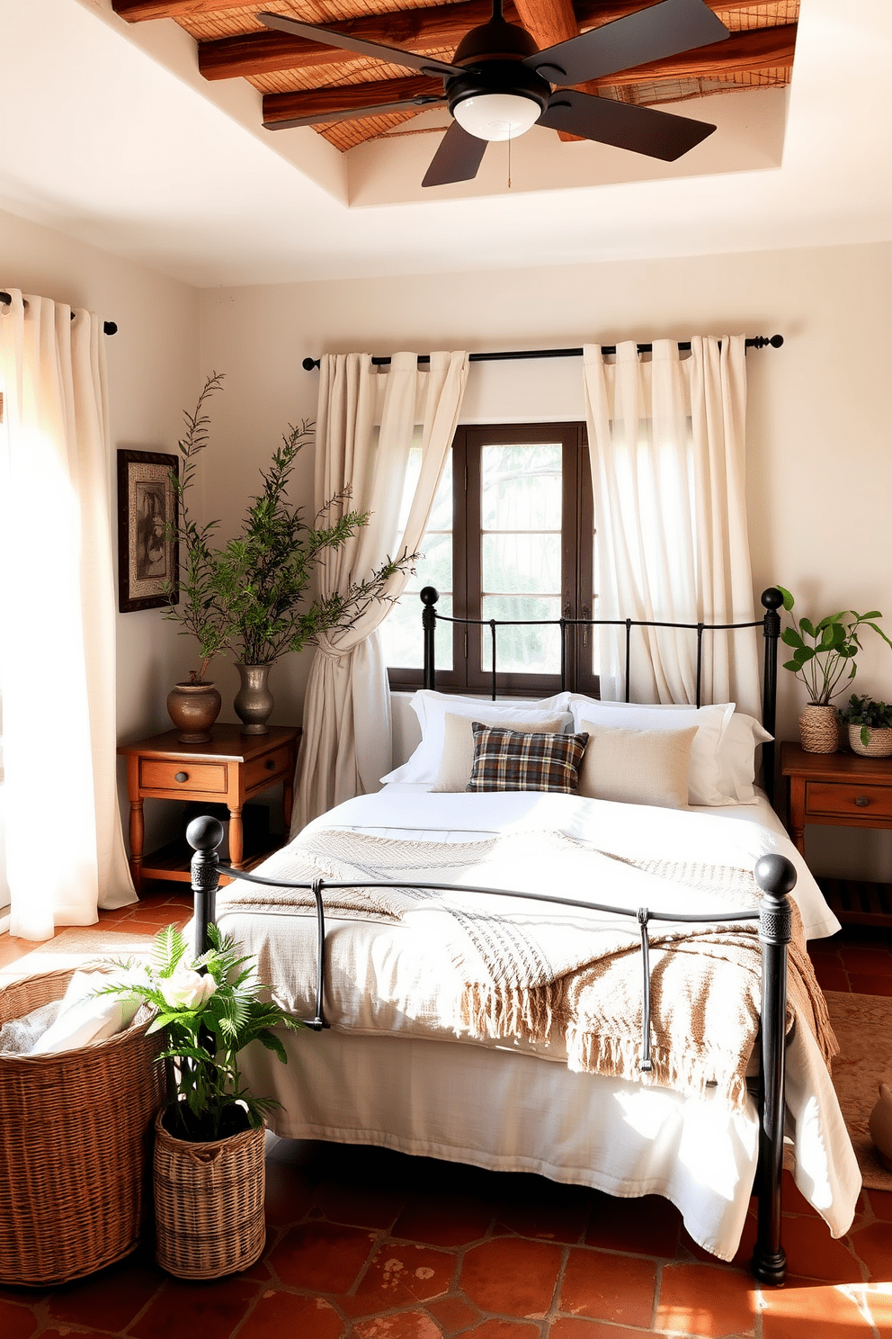 A serene Mediterranean bedroom infused with an earthy color palette featuring soft neutrals. The room showcases a large wrought iron bed adorned with textured linens and a handwoven throw, complemented by rustic wooden nightstands on either side. Natural light filters through sheer linen curtains, illuminating terracotta tiles that add warmth to the space. A cozy seating area in the corner is accented with woven baskets and potted plants, creating a tranquil retreat.