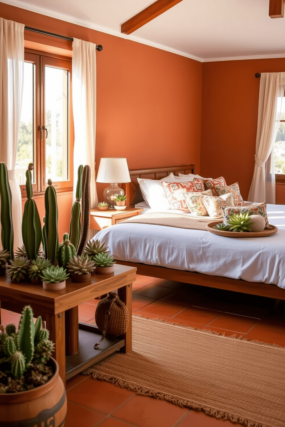 A serene Mediterranean bedroom featuring an array of succulents and cacti arranged on a wooden bedside table. The walls are painted in a soft terracotta hue, and a woven rug adds texture to the warm, tiled floor. The bed is adorned with crisp white linens and colorful throw pillows that reflect the vibrant hues of the landscape. Large windows draped with sheer curtains allow natural light to flood the space, enhancing the earthy tones of the decor.