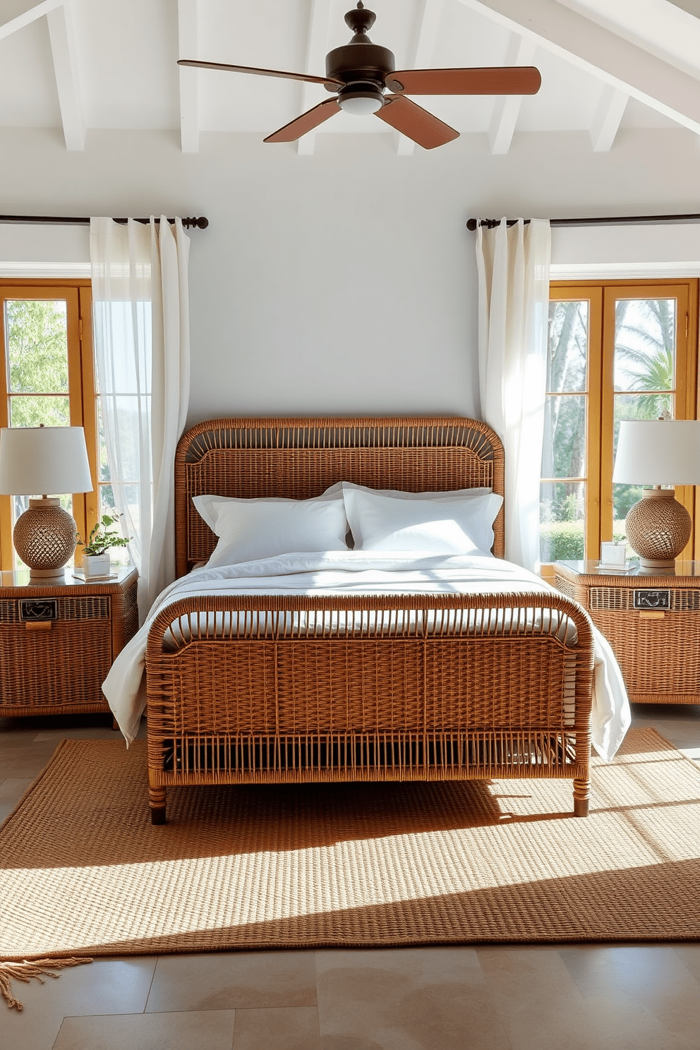 A serene Mediterranean bedroom featuring rattan furniture that exudes a coastal vibe. The bed is adorned with soft white linens and surrounded by woven rattan nightstands that hold elegant lamps. Large windows allow natural light to flood the space, with sheer curtains gently billowing in the breeze. A jute rug lies beneath the bed, complementing the warm tones of the rattan and enhancing the relaxed atmosphere.