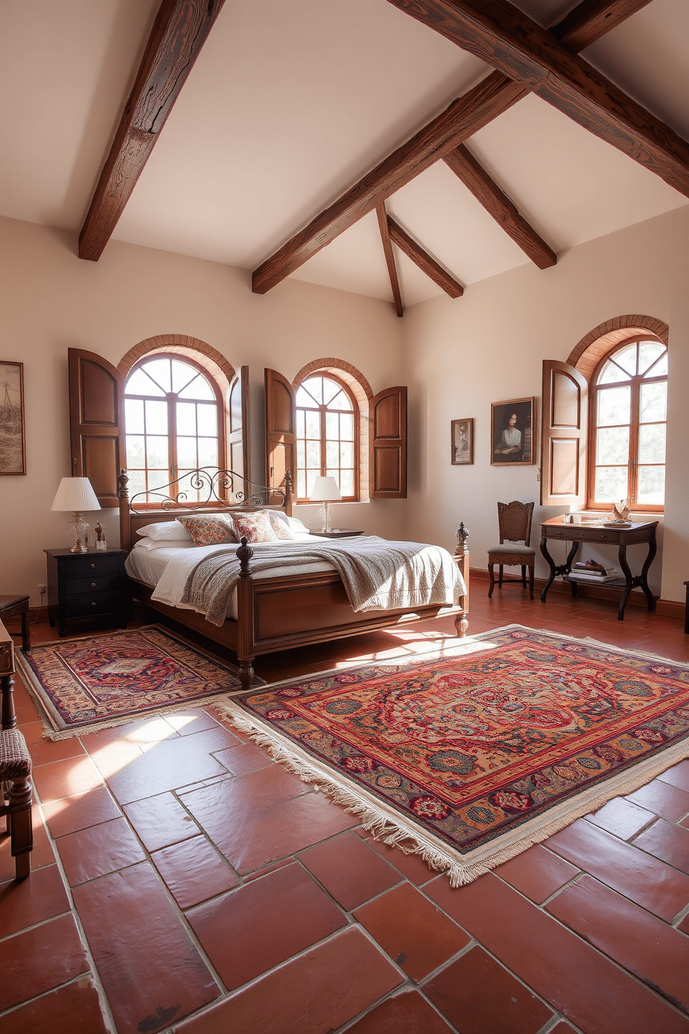 A Mediterranean bedroom featuring layered rugs that add warmth and texture to the space. The room has a large wooden bed with a wrought iron headboard, draped in soft linens and surrounded by decorative pillows. Natural light floods in through arched windows, illuminating the terracotta tile floors. Walls are painted in a soft cream color, complemented by rustic wooden beams overhead.