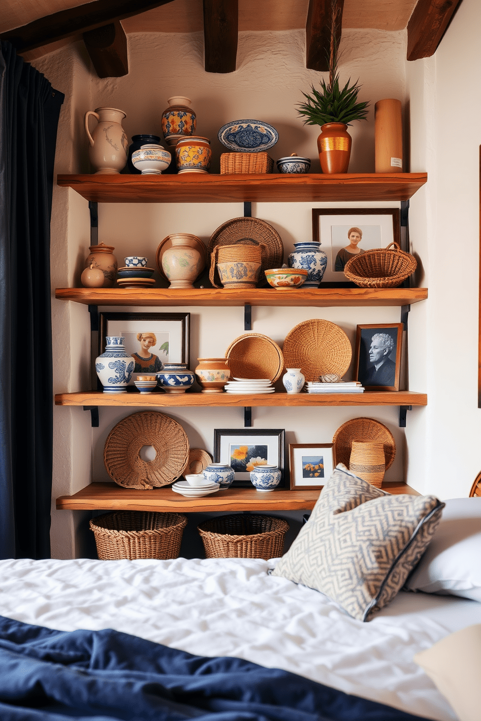 A cozy Mediterranean bedroom featuring open shelving adorned with decorative items. The shelves display a mix of vibrant ceramics, woven baskets, and framed artwork, creating a warm and inviting atmosphere.