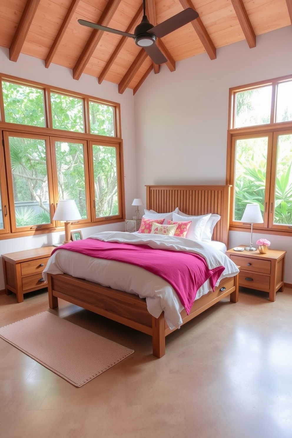 A serene Mediterranean bedroom featuring plenty of natural wood accents. The room is adorned with a wooden bed frame and matching nightstands, creating a warm and inviting atmosphere. Soft white linens drape over the bed, complemented by colorful throw pillows that add a touch of vibrancy. Large windows allow natural light to flood the space, showcasing views of lush greenery outside.