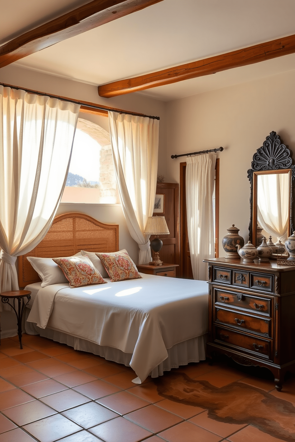 A Mediterranean bedroom featuring soft linen curtains that gently billow with the breeze, allowing natural light to filter in. The room is adorned with terracotta tiles and rustic wooden beams, creating a warm and inviting atmosphere. A plush bed with a woven headboard is dressed in crisp white linens, complemented by colorful throw pillows. An antique wooden dresser sits against one wall, adorned with decorative ceramics and a vintage mirror.