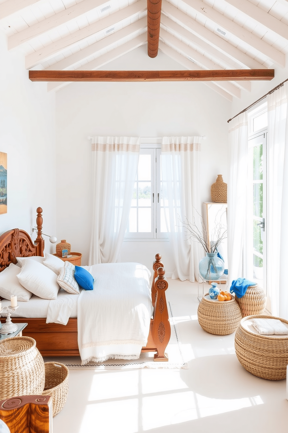 Bright white walls create a spacious and airy atmosphere in this Mediterranean bedroom. The room features a large wooden bed with intricate carvings and soft, neutral bedding that complements the light color scheme. Natural light floods the space through oversized windows adorned with sheer white curtains. Decorative elements include woven baskets and vibrant blue accents that reflect the coastal charm of Mediterranean design.