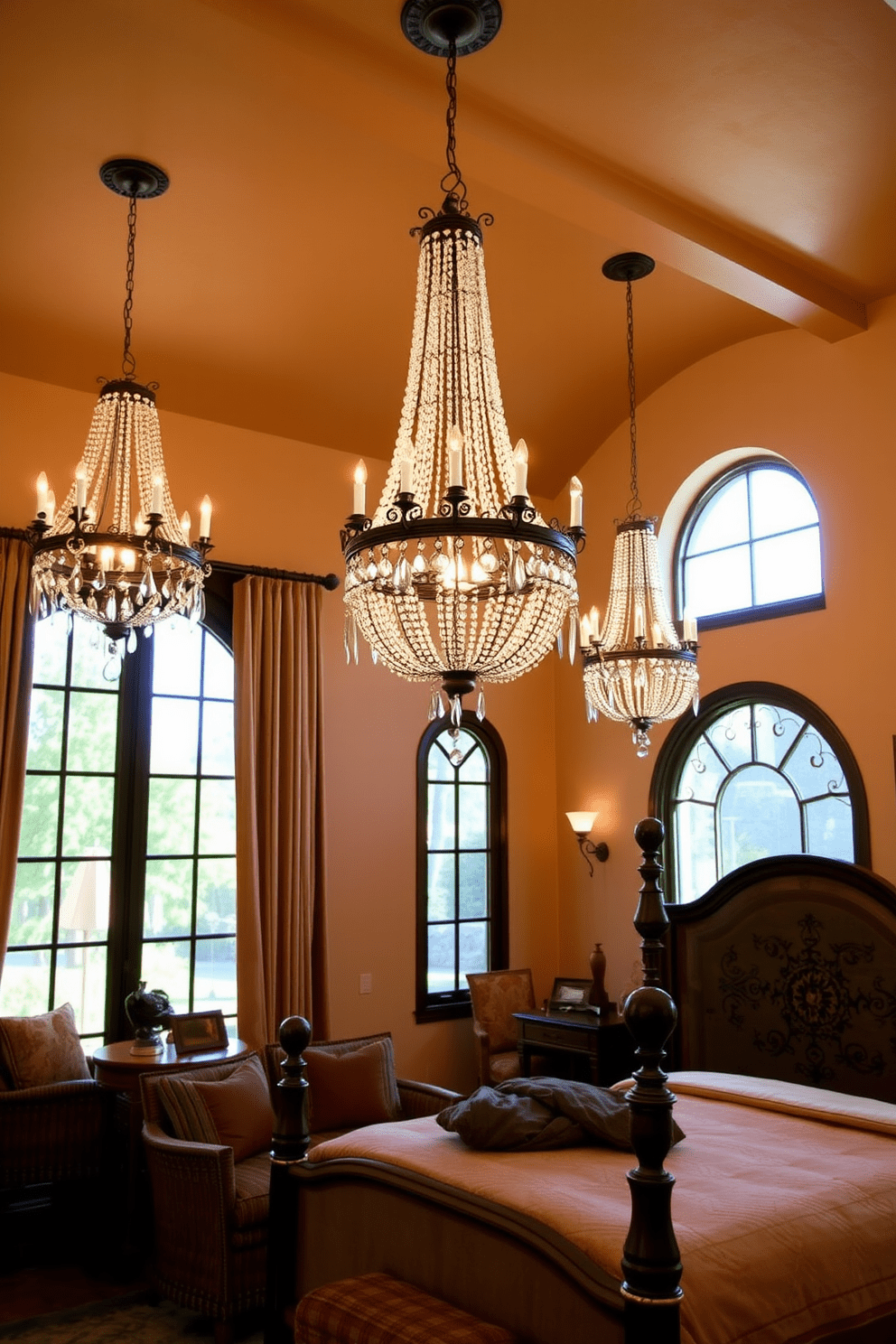 Elegant chandeliers hang gracefully from the ceiling, casting a warm glow throughout the room. The intricate design features crystal accents that reflect light, creating a stunning focal point. The Mediterranean bedroom is adorned with rich, earthy tones and textured fabrics that evoke a sense of warmth and comfort. Large windows allow natural light to flood in, enhancing the inviting atmosphere of the space.