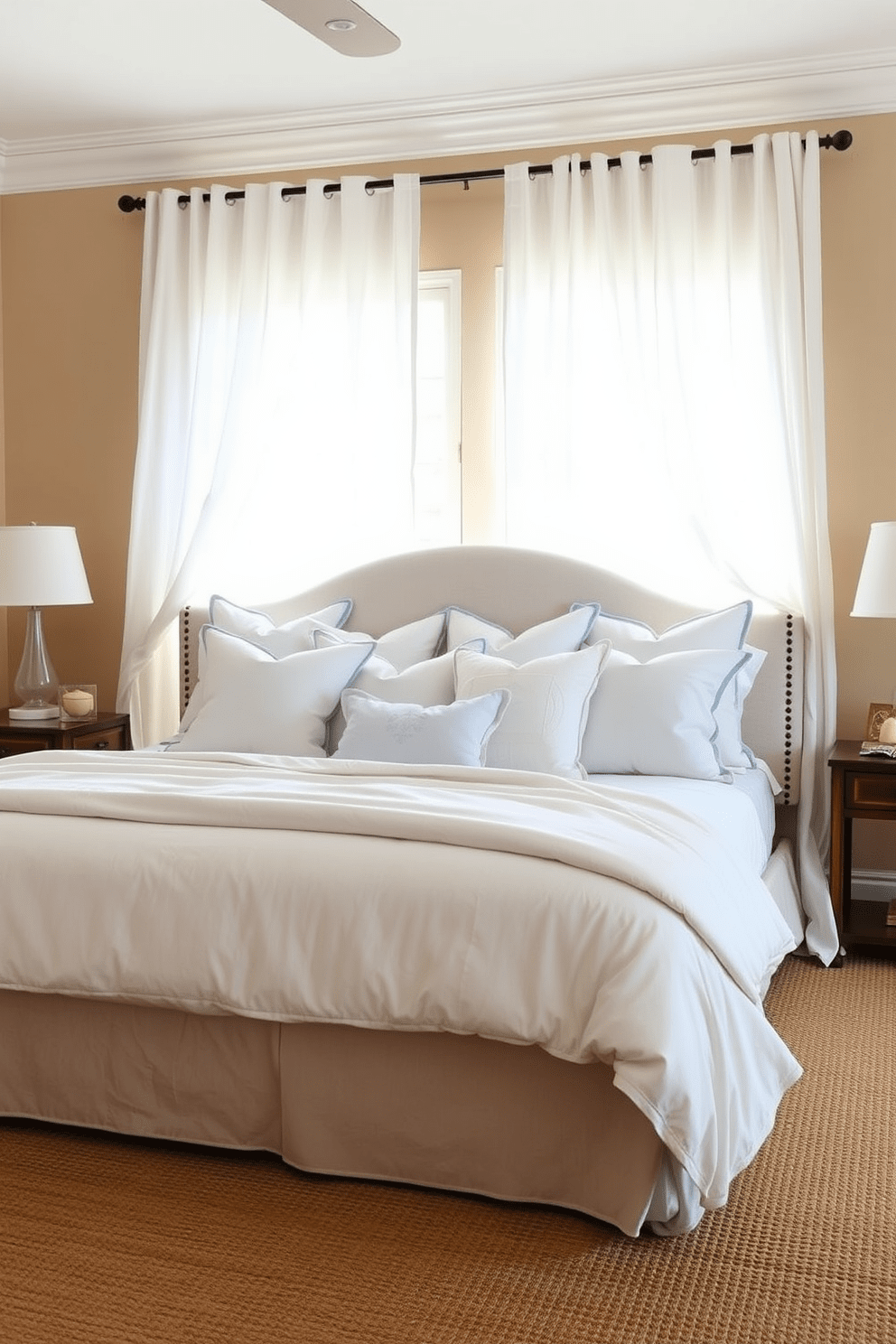 A serene Mediterranean bedroom featuring coastal-inspired bedding in soft blues and whites. Plush pillows with subtle patterns are arranged on a large upholstered headboard, creating a welcoming atmosphere. The walls are painted in a warm, sandy beige, complementing the natural light streaming through sheer white curtains. A woven jute rug lies beneath the bed, adding texture and warmth to the space.