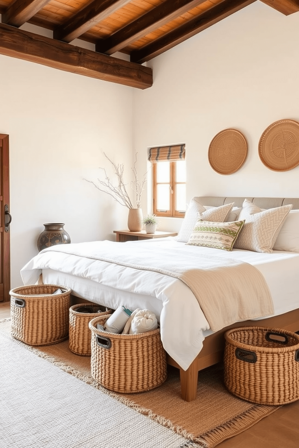 A serene Mediterranean bedroom featuring handwoven baskets as stylish storage solutions. The room is adorned with soft, earthy tones and rustic wooden beams, creating a warm and inviting atmosphere.