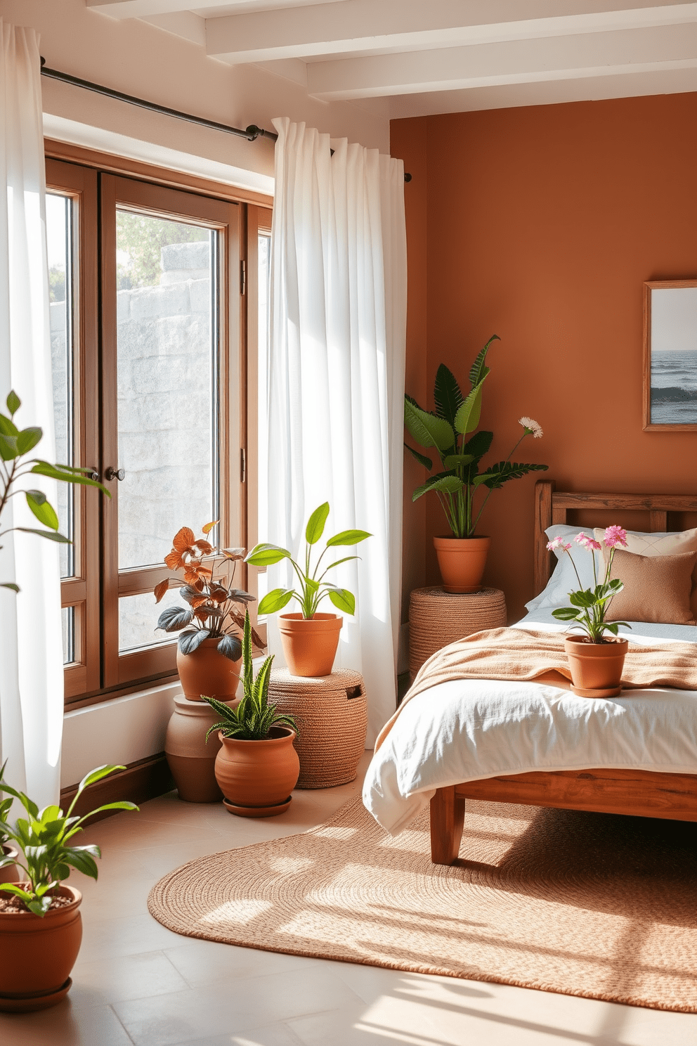 A serene Mediterranean bedroom featuring terracotta pots filled with vibrant potted plants. The room showcases a warm color palette with earthy tones, complemented by a rustic wooden bed frame and soft linen bedding. Natural light floods the space through large windows adorned with sheer white curtains. A woven area rug adds texture, while decorative wall art reflects the coastal charm of the Mediterranean.